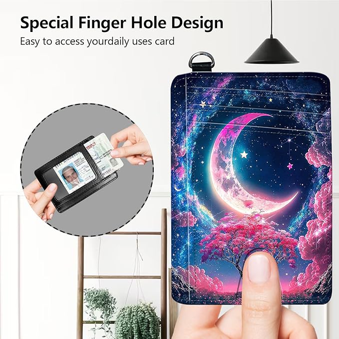 Slim RFID Blocking Card Holder Wallet with Wrist Strap - Minimalist Front Pocket Wallet, Sky Moon Design, PU Leathe, for Men & Women, Ideal for Travel & Gifts