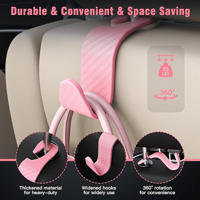 Amooca Car Seat Headrest Hook 4 Pack Hanger Universal Vehicle Car Storage Organizer for Handbag Purse Coat S Type Checkered Pink