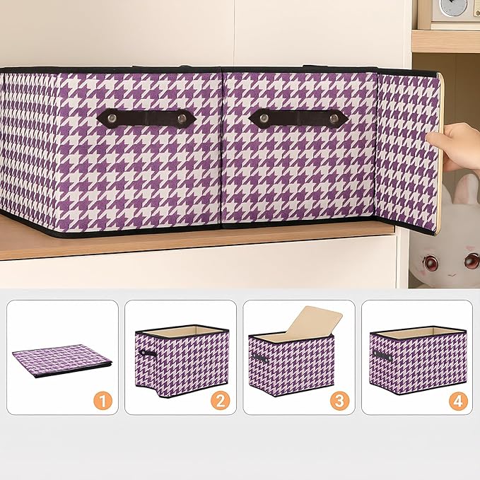 1 Pack Large Collapsible Storage Baskets for Shelves,14.9"x9.5" Fabric Closet storage Boxes with Leather Handles,Decorative Organizers Storage Bins for Clothes,Sheets,Books,(Purple Houndstooth