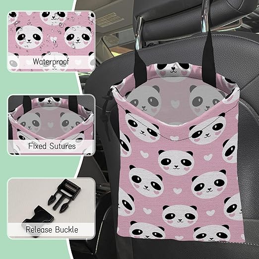 Lovely Panda Car Garbage Bag,Hearts Waterproof Small Car Trash Bag Hanging Back of Seat,Drawstring Hanging Car Trash Bag with Adjustable Buckle for Car Accessories