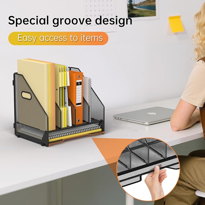 Docnest Desk File Holder Sorter, 4 Vertical Compartments Rack with Letter Tray, Mesh Magazine File Holder with Handle,Workspace Organizers,Desk Organizers for Paper, Mail, Documents-Black