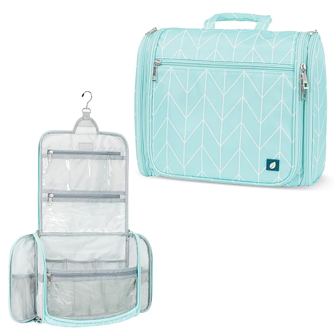 PAVILIA Large Hanging Makeup Bag and Toiletry Organizer for Women, Travel Cosmetic Case with 10 Compartments, Swivel Hook and 3 Leakproof Pockets, Packs Flat, Teal Chevron