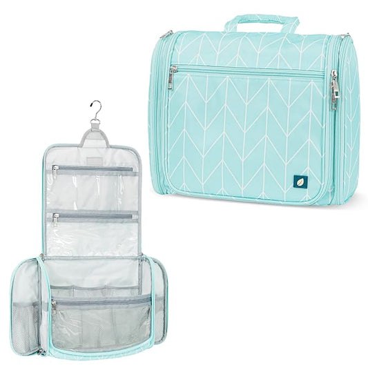 PAVILIA Large Hanging Makeup Bag and Toiletry Organizer for Women, Travel Cosmetic Case with 10 Compartments, Swivel Hook and 3 Leakproof Pockets, Packs Flat, Teal Chevron