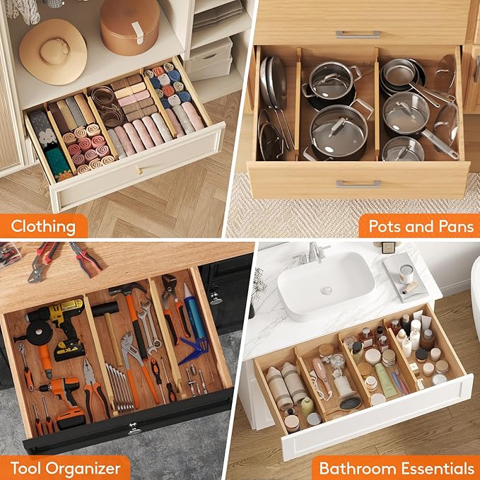 Lifewit 5" High 6 Pack Bamboo Drawer Dividers 45-55cm/17.5-22" Adjustable Wooden Drawer Organizer for Clothes/Utensils, Expandable Drawer Separator for Dresser/Kitchen/Bedroom/Office Organization