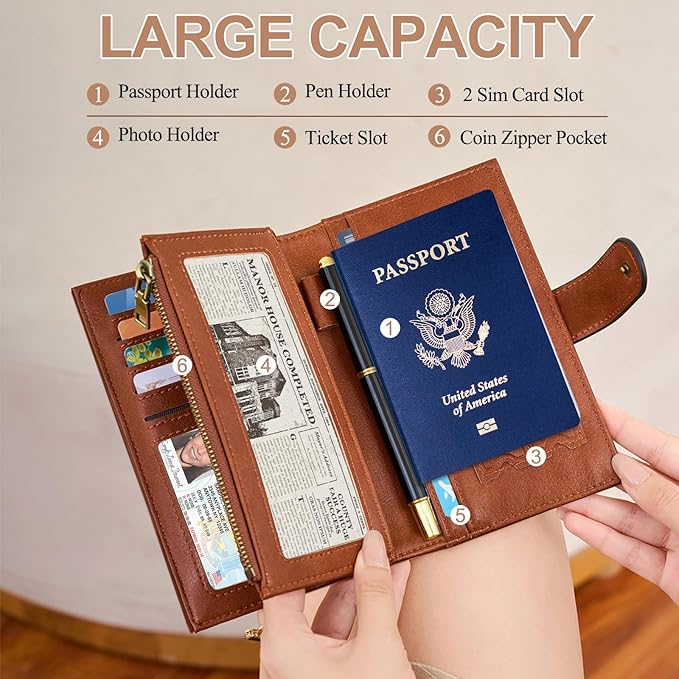 BKNOOU Rfid Blocking Passport Holder for Women and Men, Compact Travel Passport Wallet Leather Travel Wallet Trifold Clutch Wallet, Passport Cover Holds Cards, Tickets, Cash and Pen