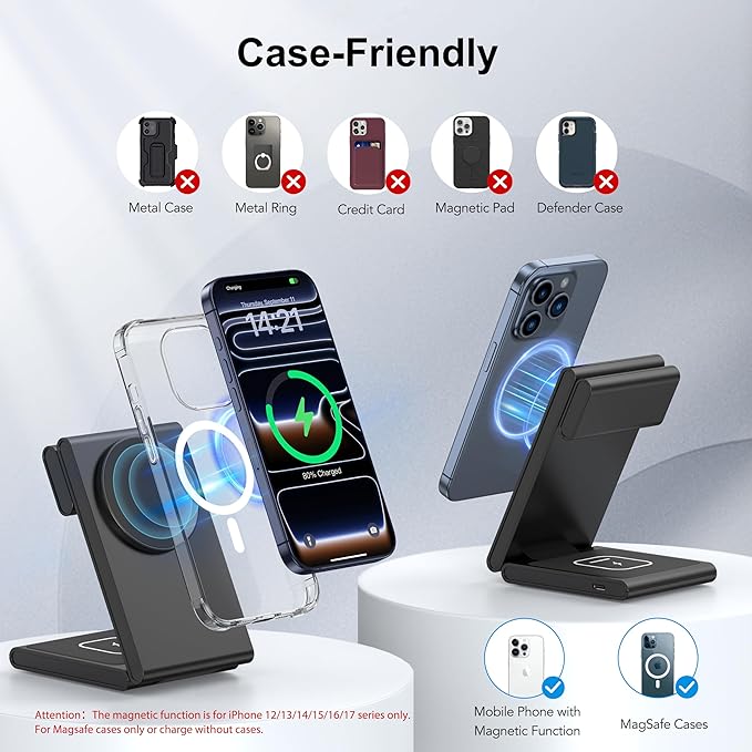 New Travel Foldable 3 in 1 Wireless Charging Station for Apple Magsafe Charger Stand,Fast Magnetic Wireless Charger Station for iPhone 17 Air 16 15 14 13 12 Series,Airpods Pro,Apple Watch Ultra-Black
