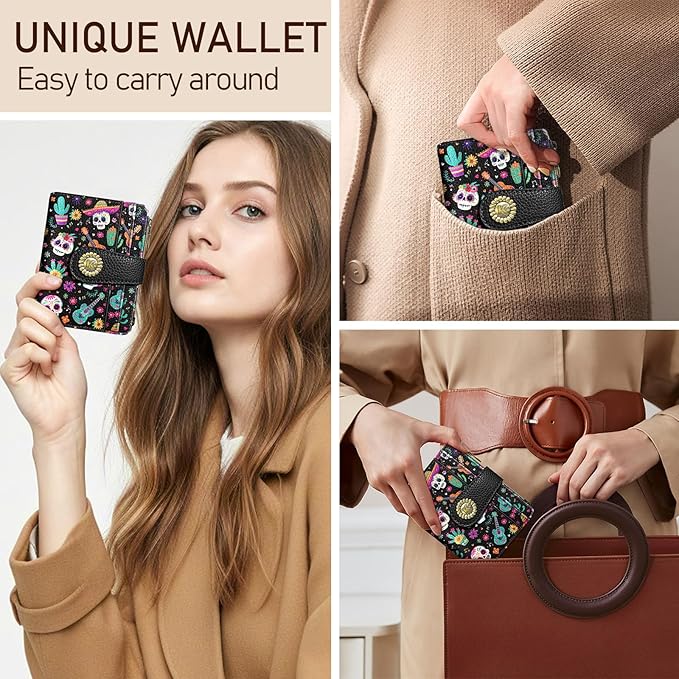Kelvoris Skull Small Rfid Women Wallet Bifold Zipper Coin Pocket PU Leather Compact Cash Credit Card Holder Travel Wallet for Female Ladies Teen Girls 1 ID Window 10 Card Slots Day of The Dead