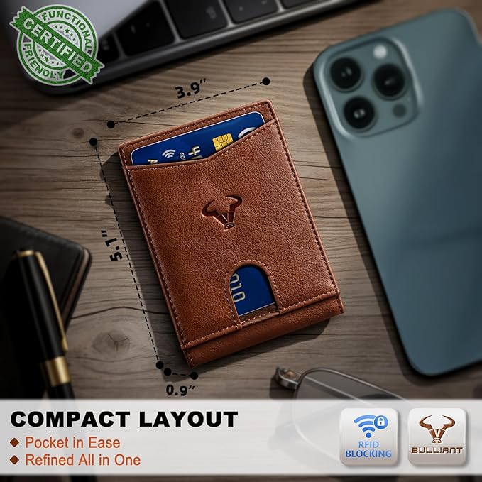 BULLIANT Men Wallet, Slim Leather Wallet Front Pocket Card Holder Gift For Men 11 Slots RFID Blocking