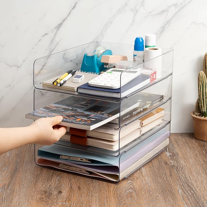 Tiawudi Desk Organizer, Clear Office Organization and Storage, Plastic Letter Tray, Stackable File Organizer for Classroom, Home, Documents, Notes, Folders, Books and Pens, 4 Tier