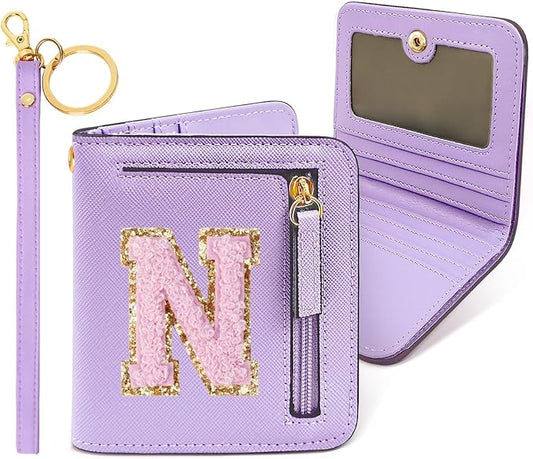 COSHAYSOO Preppy Wallet Gifts for Teen Girls Women Small Wallet RFID Bifold PU Leather Christmas Valentines Easter Mothers Fathers Day Nurse Appreciation Graduation Gifts Chenille Letter N Purple