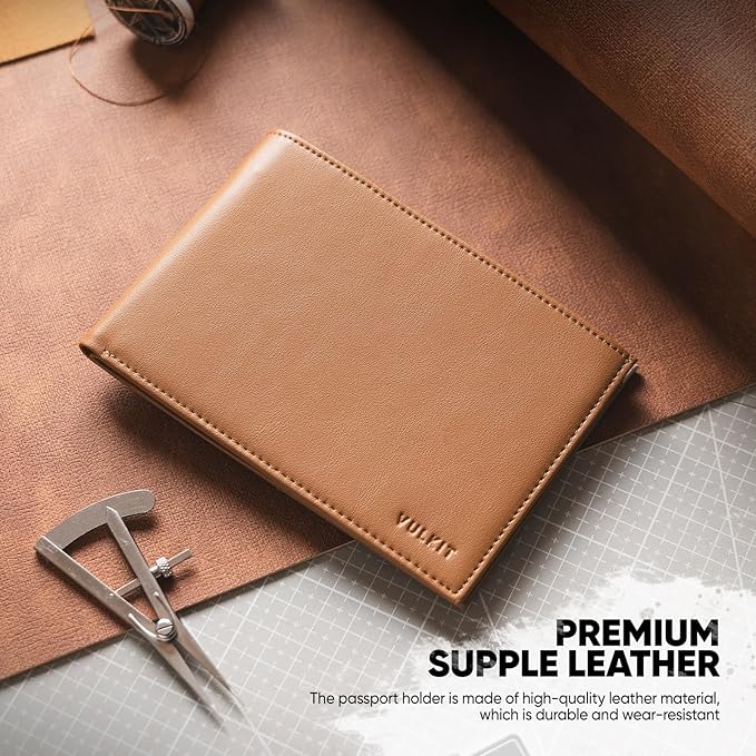 VULKIT Bilfold Passport Holder Leather RFID Blocking Passport Wallet with Hidden Pocket Slim Travel Documents Organizer for Men or Women (Passport, Card, Cash, Coin, SIM Card, Ticket)