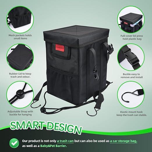 Hanging Car Trash Bag with Lid, Collapsible Garbage Bag with Pockets, Car Garbage Can for Central Control Leak-Proof Storage Organizer Box 1.76 Gallon Capacity Multipurpose Trash Bin