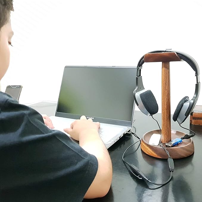 Wooden Headphone Stand with Tray – Solid Acacia Headset Holder for Desk Organization, Universal Fit for Sony, Bose, Beats, Gaming Headsets & Controllers