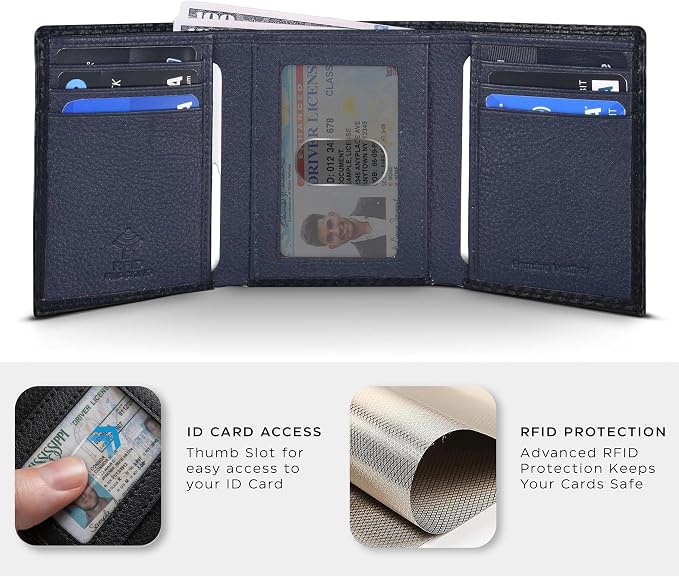 Tri fold Leather Wallet for Men with RFID | Slim Wallets for Men with 1 ID and 6 Credit card slots | Front Pocket Minimalist