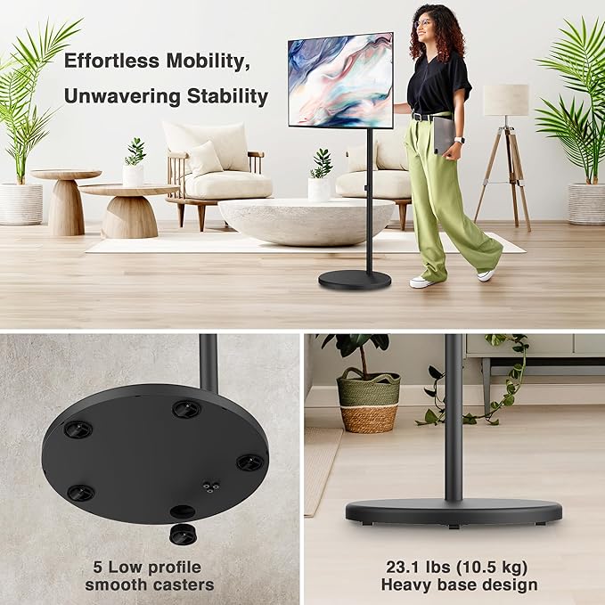 AVLT Single 17 to 43 Inch Portable Monitor Arm TV Rolling Stand with Heavy Base for Screens Up to 22 lbs, Mechanical Spring Height Adjustment, Screen Rotation, Mobile Low Profile Caster Wheel, Black