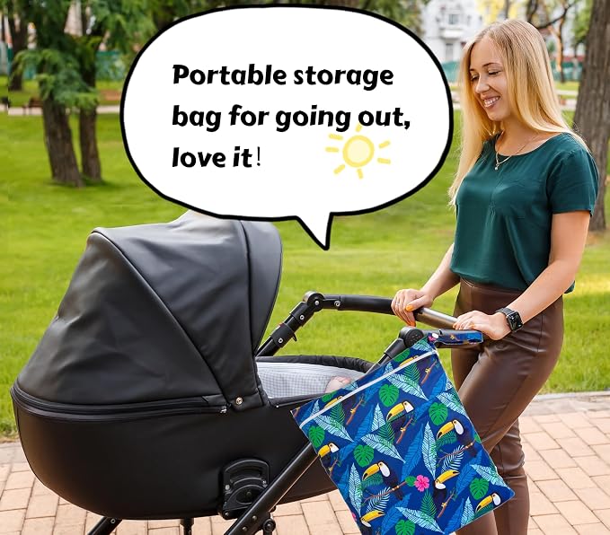 Wet Dry Bag for Cloth Diapers, 2PCS Waterproof Reusable Wet Bag with Zippered Pockets, Washable, Reusable for Travel, Beach, Pool, Stroller, Diapers, Dirty Gym Clothes, Swimsuits, 14x12In & 12x11In