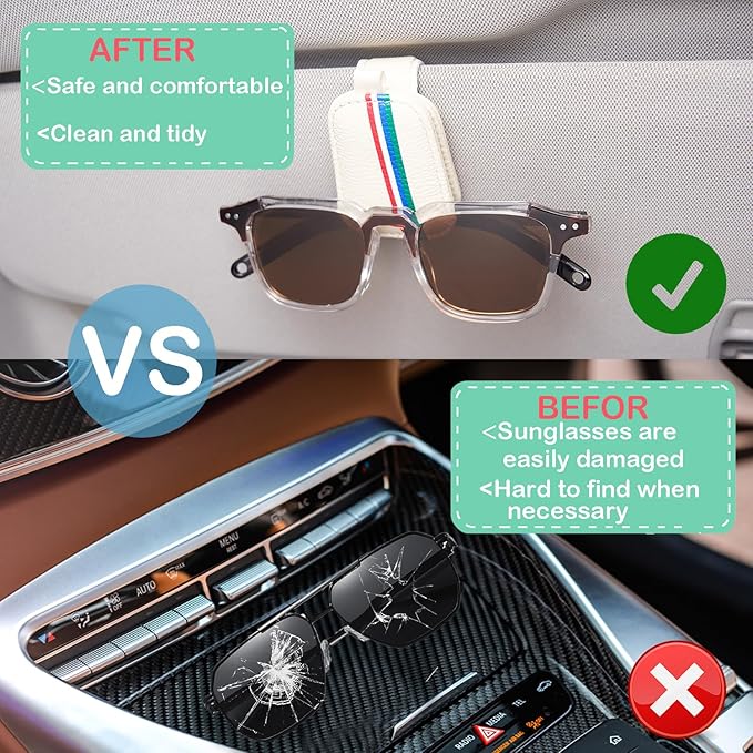 Sunglasses Holder for Car Visor - Universal Car Eyeglass Glasses Magnetic Clip - 2 Pack Leather Car Convenient and Fashion Sunglass Organizer Hanger Clip Ticket Card Clip Interior Accessories (Beige)