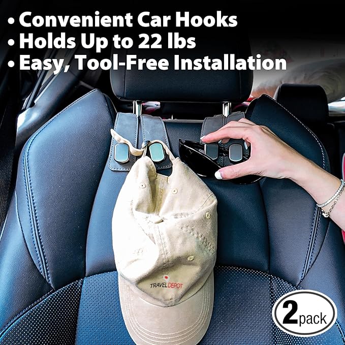 Travel Depot Headrest Hooks for Car, Purse Hook for Car, Premium Leather Twin Hook Car Seat Hooks, Double Hook Seat Back Storage Organizer for Purses, Bags, SUV, Truck, Vehicle, 2 Pack, Grey