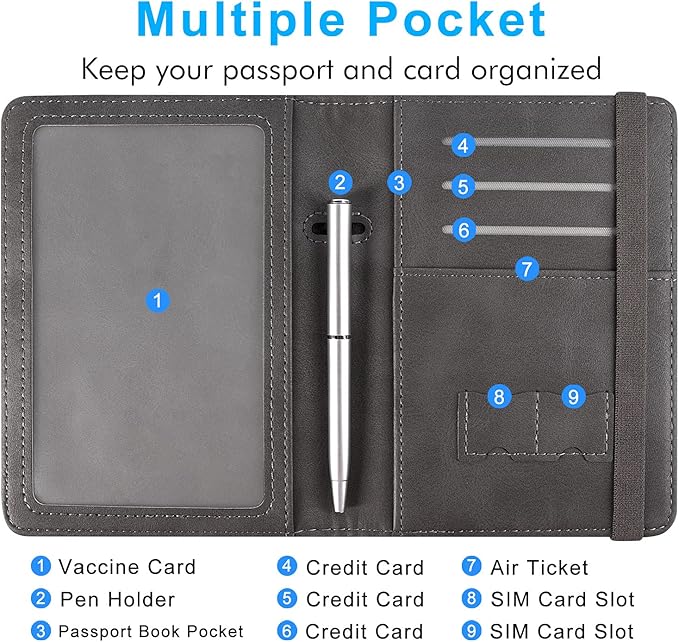 ACdream RFID BLOCKING Passport Holder Travel Wallet - Premium PU Leather Cover Passport book with Card Holder, Pen Slot, Keep Organization, and Travel Essentials for Women and Men - Grey
