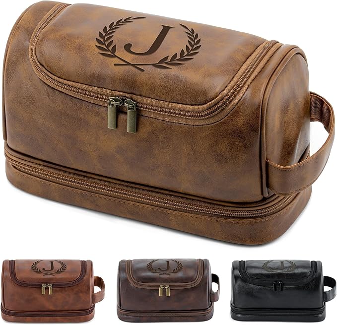 Personalized Christmas Birthday Gifts Toiletry Bag for Men Dad Husband, Custom Initial PU Leather Waterproof Toiletry Organizer Dopp Kit Shaving Bag Travel Essential for Men, Light Brown J