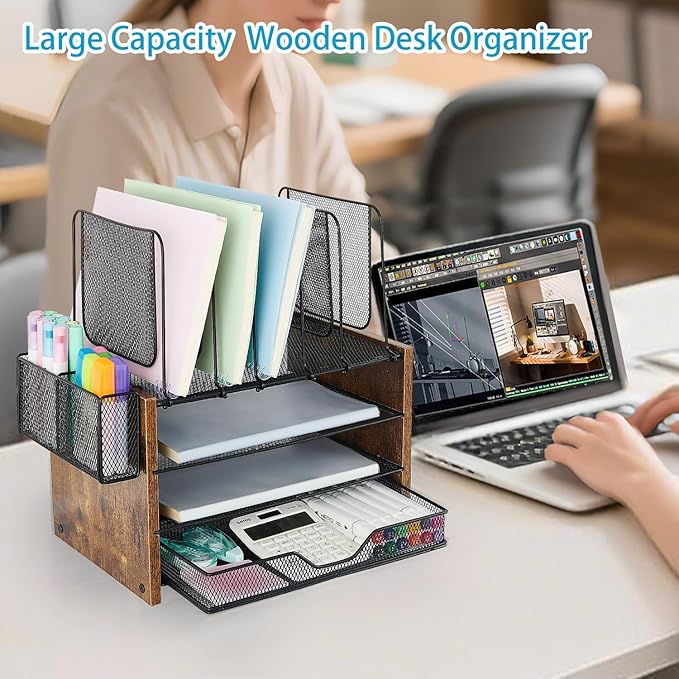 OPNICE Desk Organizer, 4-Tier Desktop File Organizer with Drawer and 2 Pen Holders, Office Desk Accessories, Workspace Organizers for Office Supplies(Brown Wood)