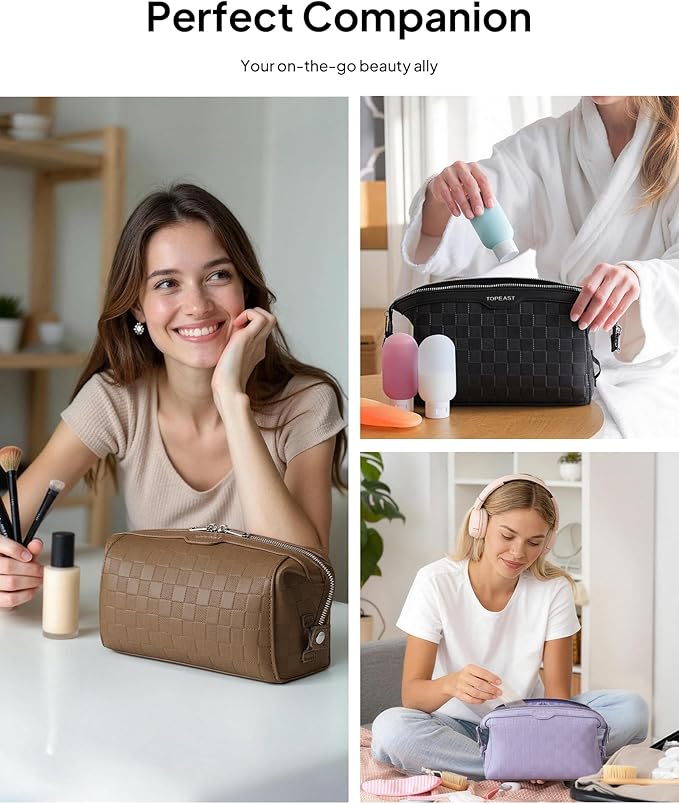 TOPEAST Travel Makeup Bag Cosmetic Bags for Women, 3 Pcs Set Make Up Toiletry Bag with Removable Zip Purse, Waterproof Leather Makeup Brush Organizer for Travel Essentials, Brown