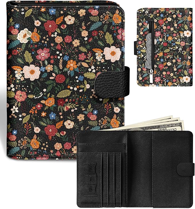 Slohif Passport Wallet Holder Cover for Travel - Women Men RFID Blocking Passport Book Case Protector, Colorful Cute Flower Leather Personalized Organizer Slim Carrier Boarding Pass Cards Slots