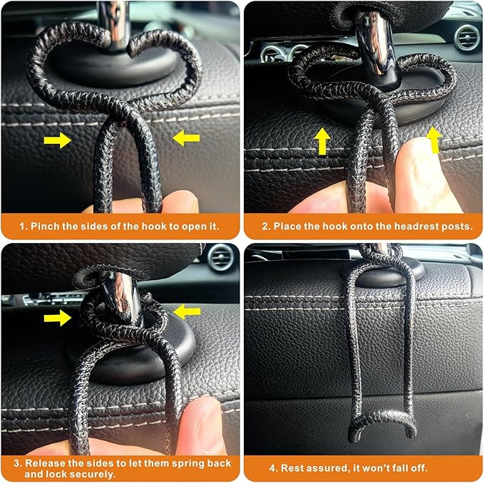 Idefair Car Hooks for Headrest - 2 Pack Car Bag Holder with Lock Loop, Coating Leather Scratch-Free Auto Purse Hanger, Car Seat Back Storage Gadgets Accessories for Jeep SUV Truck - Black Leather/2S