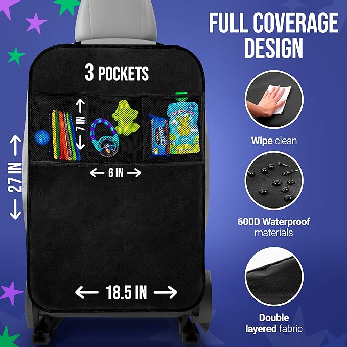 Todays Kids 2 Pack Kick Mats Back Seat Protector - Backseat Car Organizer for Kids, Car Storage Organizer, Back Seat Cars Organizers, Cars Organizers Backs Seats, Travel Accessories, 3 Pockets