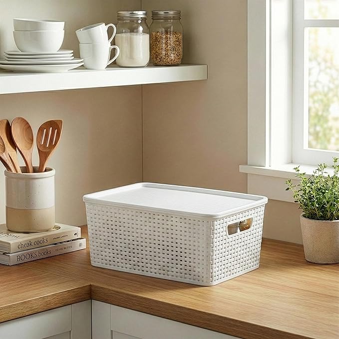 BINO | Plastic Storage Baskets with Lids, 15.5 Liter - 3 Pack, White | THE WOVEN COLLECTION | Storage Basket for Shelves Woven Storage Baskets for Organizing Bins Pantry Shelf Organizer Container Bin