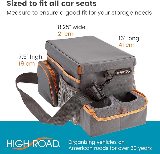 High Road CarHop Car Caddy Organizer with Road Trip Cooler, Car Cup Holder Bin, Sturdy Snack and Play Lid and 6 Organization and Storage Pockets, Gray