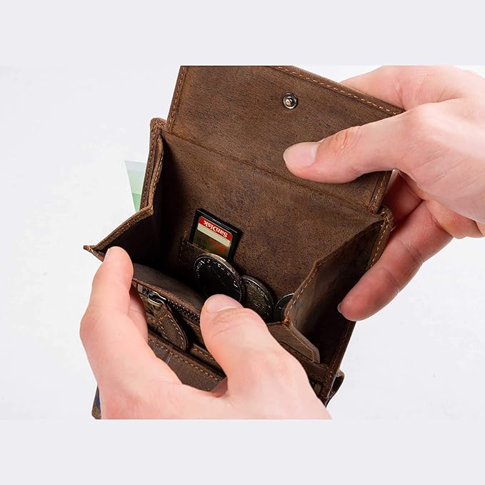 DiLoro Mens Full Size Large Capacity Genuine Full Grain Leather Wallet Bifold Flip ID Coin & Zip Pockets RFID Blocking Anti-Theft (Dark Hunter Brown)