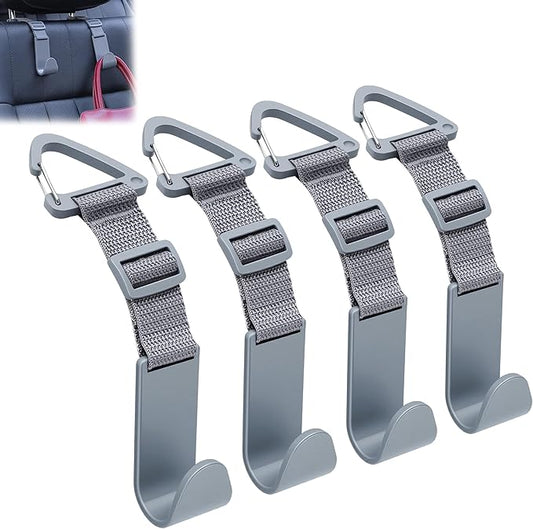 Amooca Headrest Hooks for Car Adjustable 4 Pack Vehicle Seat Back Organizer Storage Hanger Holder for Purse Bags Universal Fit with Clip Gray