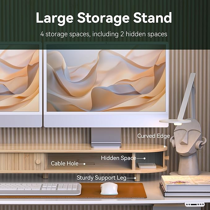 Bamboo Dual Monitor Stand with Storage, Curved Double Computer Laptop Stand Desk Shelf Organizer with Sliding Doors (42 inch)