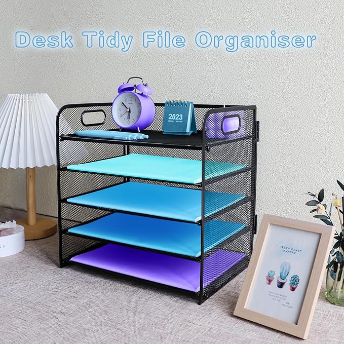 5 Tier Desk Organiser with Handle, Pull-Out Mesh File Organizer for Letter Tray Organizer Mesh Desk Organiser Tray Paper Storage Rack for A4 File Office Supplie, Black