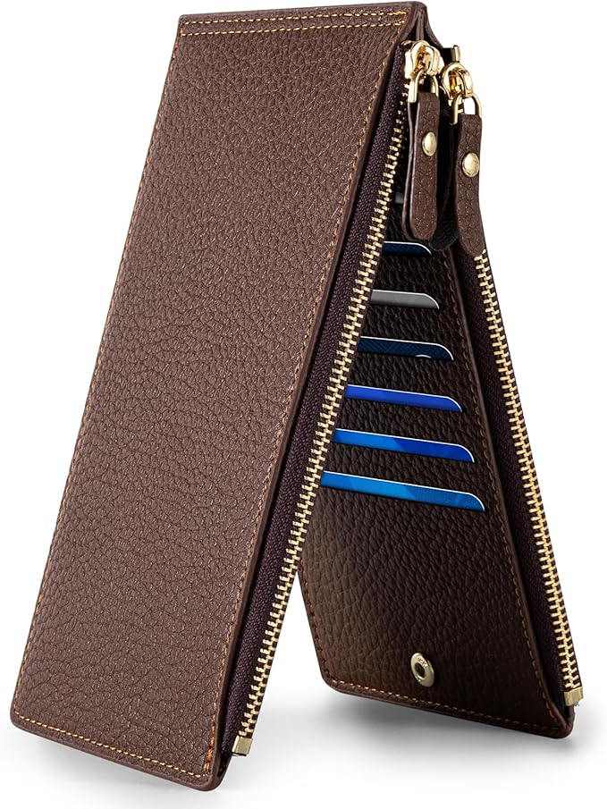 Wallet Women - Slim Bifold RFID Blocking Wallet Leather Ladies Multi Card Holder Wallet with 2 Zipper Pocket (Brown)