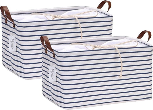 Hinwo 31L Large Storage Bins, 2-Pack Closet Organizers and Storage, Foldable Clothes Storage Baskets with Handles, Containers for Clothing, Blanket, Towels, Toys, Bedding (Navy Stripe)