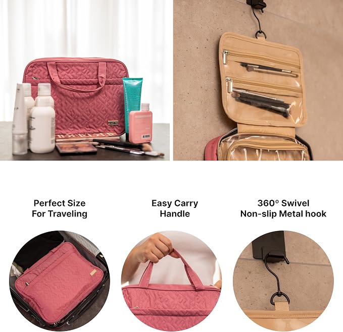Carrywell Toiletry Travel Bag For Women with Hanging Hook, Makeup Organizer Case, Water-Resistant Cosmetic Bag For Full-size Containers, Toiletries, Pink Large, Not Made In China