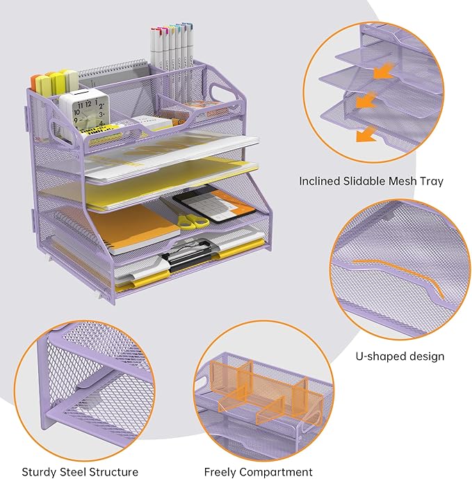 YINGHUA 5 Tier Paper Tray Letter Organizer with Top 6 Adjustable Compartments - Paper Sorter Office Desktop Accessories with Handles for Document,Mail,School Supplies Storage,Purple