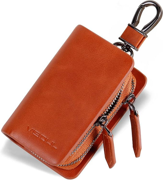 VISOUL Car Key Case Holder Double Zipper, Leather Car Smart Key Fob Case with Keychain for Men and Women
