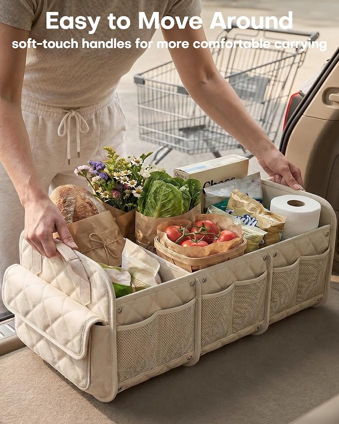 HOTOR Car Trunk Organizer for Women & Men Foldable SUV Storage Accessories | 3 Compartments, Road Trip, Camping, Shopping, for Tools & Outdoor Storage, Fits Truck, Van, Sedan, Beige, 32.3" x 12.8" x 11"
