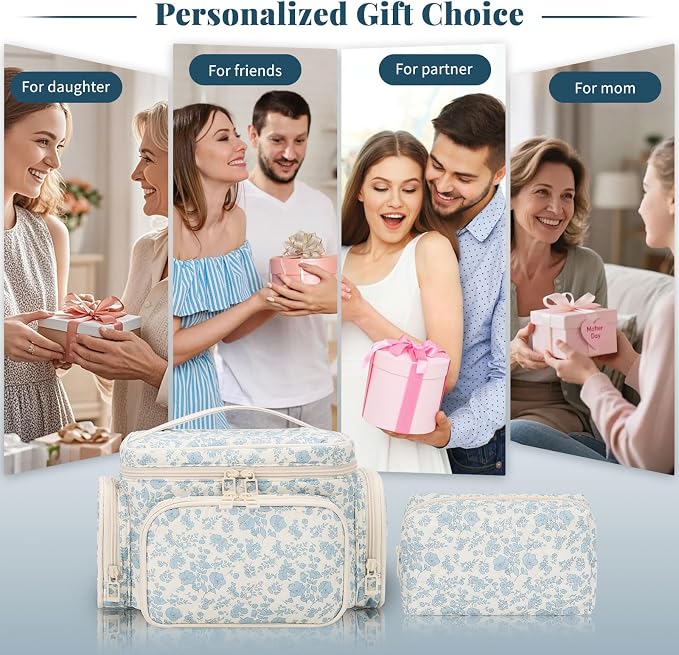 Makeup Bag Set, Travel Makeup Bag Organizer for Women Cute Floral Cosmetic Pouch Large Capacity with Makeup Brush Compartment, Cosmetic Travel Bag with Divider and Handle Toiletry Bag - Floral