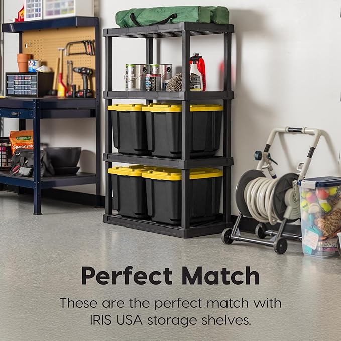 IRIS USA 4-Pack 12 Gallon Storage Bins with Lids |Made in USA| Heavy Duty Plastic Tote Containers for Truckbed Tool Box Organization, Large - Black/Yellow