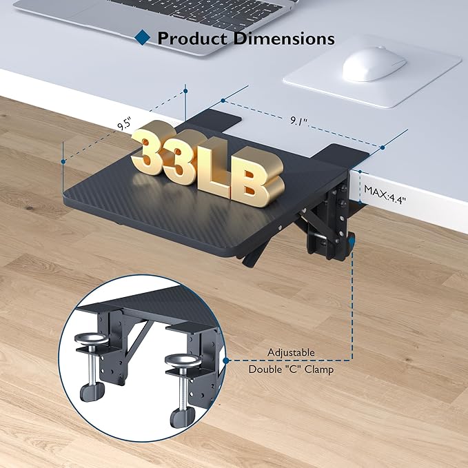 BONTEC Ergonomic Desk Extender Tray, 9.5"x9.1" Table Mount Arm Wrist Rest Shelf, 90° Foldable Elbow Support, Clamp on Computer Arm Rest for Desk, Office & Home Use, Durable & Easy to Install