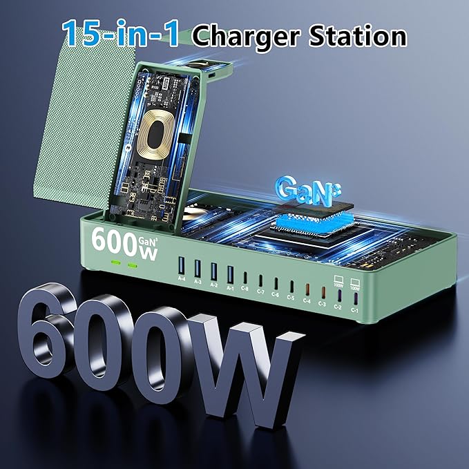 600w Charging Station for Multiple Devices, 15 in 1 Wireless Charger with 2pack 100w USB C Charger Cable, Dual 100w USB C Tablet Charging Station for MacBook,iPhone,iPad,Tablet(Green)