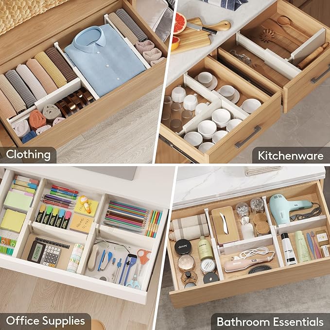 Lifewit 24 Pack Drawer Dividers 4" High 28-43.5cm/11-17" Adjustable Drawer Organizer for Clothes/Utensils, Expandable Drawer Separator in Dresser/Kitchen/Bedroom/Office Organization & Storage Beige