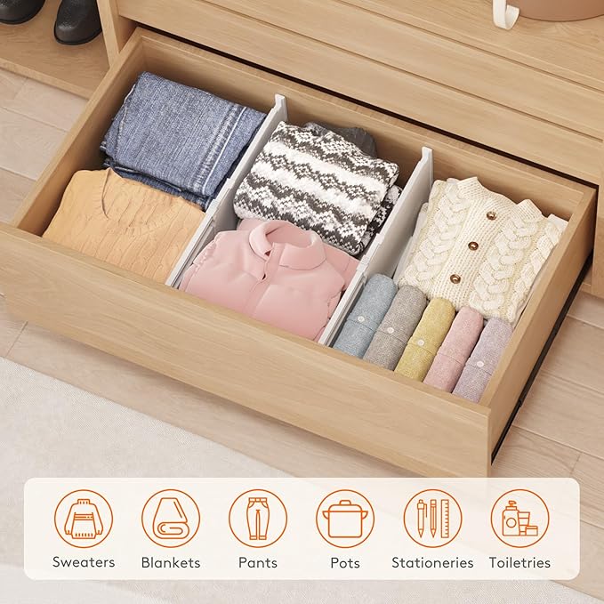 Lifewit 8" Tall 4 Pack Drawer Dividers, 35-56.5cm/13.8-22.2" Expandable Drawer Divider for Clothes, Adjustable Dresser Drawer Organizers, Drawers Separators for Dresser/Bathroom/Closet/Kitchen White