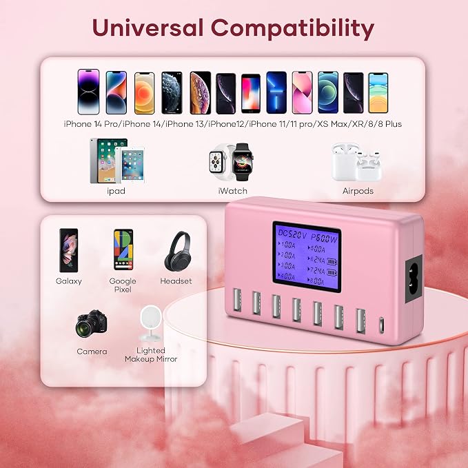 USB Charger, slitinto 60W 12A 8-Port USB Charging Station Multi Port USB Hub Charger Compact Size LCD Display Compatible with iPhone iPad Samsung Kindle Tablet Bluetooth Earbuds and More
