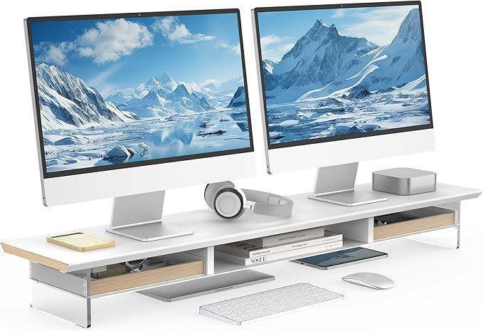Fenge 42.5??Dual Monitor Stand with 2 Drawers, Metal Wood Monitor Riser with Acrylic Legs, 2-Tier Desktop Shelf Storage Organizer for Computer, Laptop, Printer, TV, White