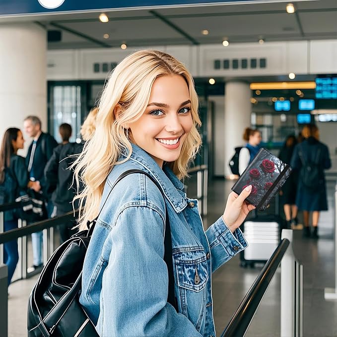 [Gothic Dark Red Roses Ultra-Slim Passport Holder Wallet with Pen Loop, RFID Blocking Faux Leather Travel Passport Cover, Compact Boarding Pass & Card Case Organizer for Women & Men
